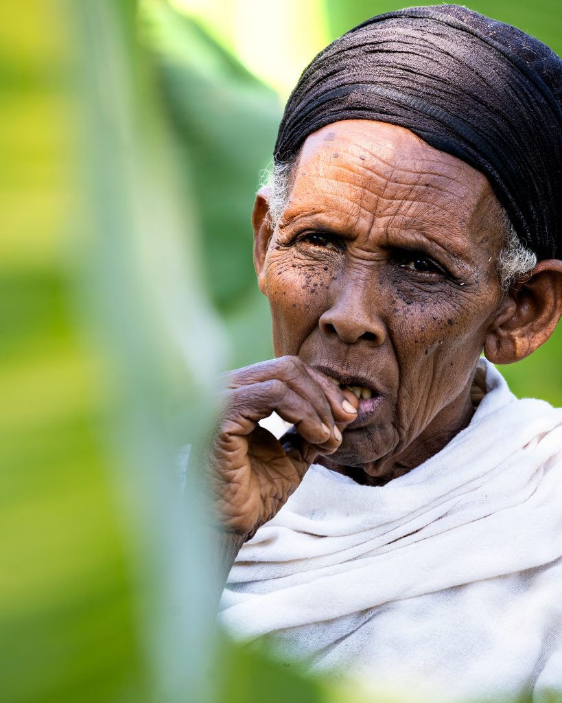 Ein intimes Porträt einer älteren Sidama-Frau aus Äthiopien, aufgenommen aus einer Perspektive, die sie teilweise hinter leuchtend grünen, von der Sonne durchschienenen Bananenblättern zeigt. Der Vordergrund ist durch die Blätter weich gezeichnet, was dem Bild eine natürliche Tiefe und eine geheimnisvolle Atmosphäre verleiht. Die Frau blickt ernst und tief nachdenklich. Sie trägt ein schlichtes schwarzes Tuch, das ihren Kopf umhüllt, und einen locker um den Hals gelegten weißen Schal. Ihr Gesicht ist von feinen Linien geprägt, die von einem langen Leben erzählen. Das natürliche Licht fällt warm auf ihre Haut und die grünen Blätter.