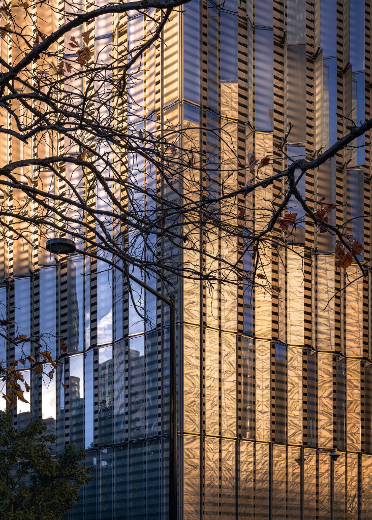 Kontrastreiche, fast abstrakte Architekturfotografie in kräftigen Farben. Im Fokus steht die geometrisch aufgeteilte Glasfassade eines modernen Wolkenkratzers. Die Fensterflächen reflektieren ein intensives, kontrastierendes Farbspiel: Ein tiefes Stahlblau des klaren Himmels trifft auf ein warmes, leuchtendes Gold der tiefstehenden Sonne. Als organischer, unruhiger Gegensatz zu den strengen, geraden Linien der gläsernen Rasterstruktur ragen im Vordergrund die dunklen, filigranen Äste eines kahlen, blattlosen Baumes ins Bild.