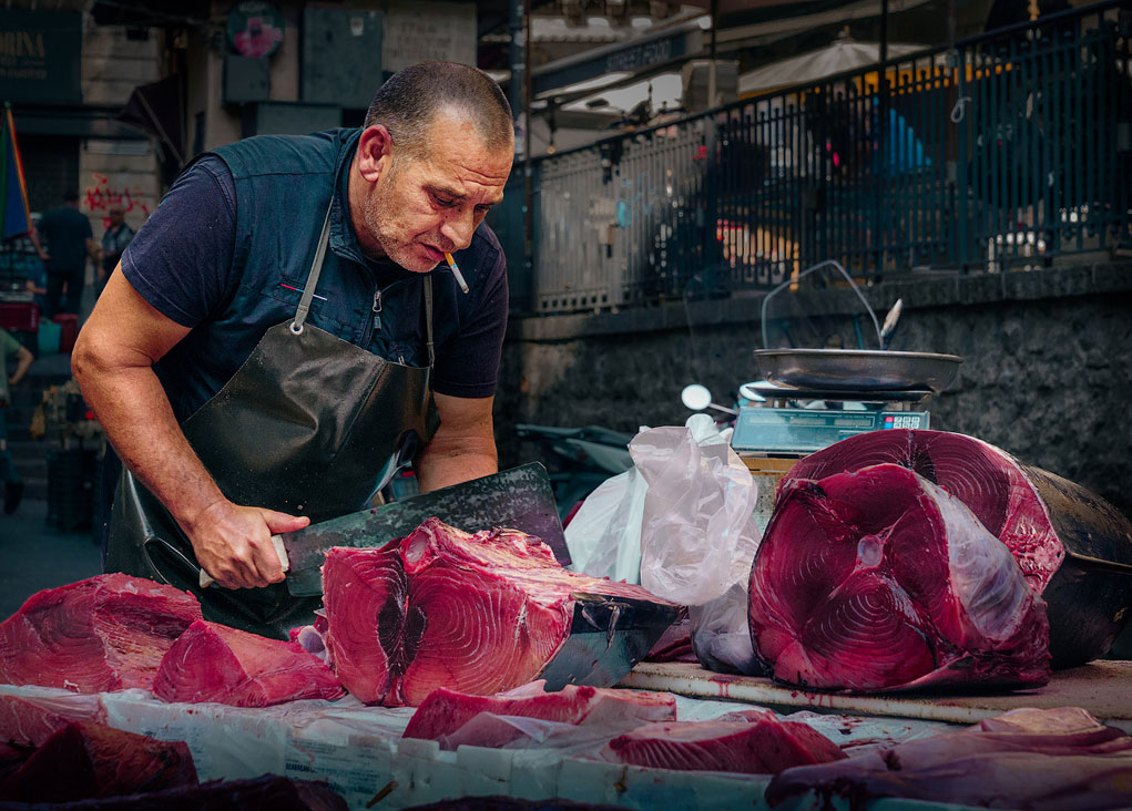 a fishmonger cutting tuna