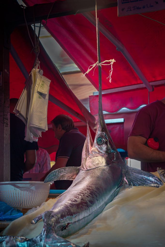 Farbfoto von einem Fischstand in der Markthalle von Catania. Vorwiegend in Petrol/Rot Tönen gehalten. Im Vordergrund ragt dominierend ein riesiger Schwertfisch Kopf auf eine Lage Eis ins Bild. Im Hintergrund sieht man dunkel die rote Plane des Standes und einige Verkäufer.