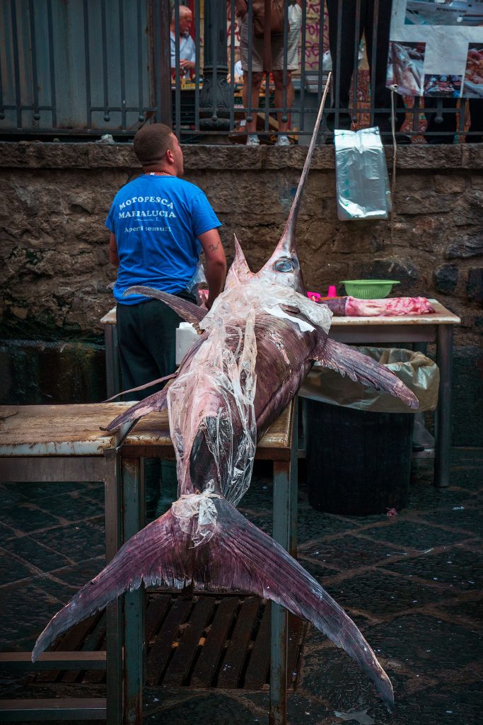 Das in dunklen Tönen gehaltene Farbfoto zeigt im Zentrum einen riesigen Schwertfisch auf einer Marktauslage. Dahinter steht rückwärts gewandt ein Mann in einem Blauen T-Shirt.